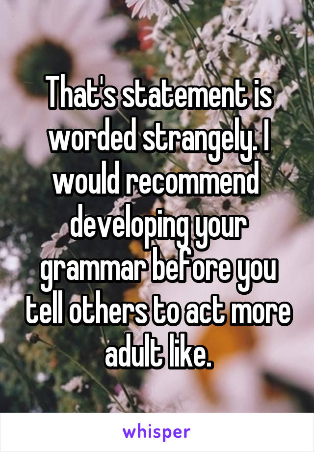 That's statement is worded strangely. I would recommend  developing your grammar before you tell others to act more adult like.