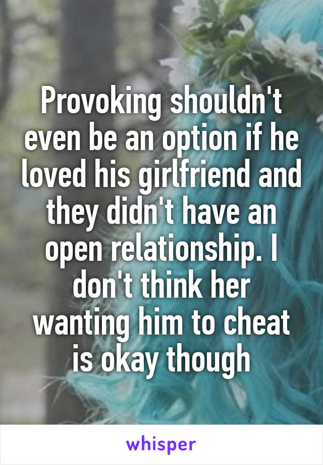 Provoking shouldn't even be an option if he loved his girlfriend and they didn't have an open relationship. I don't think her wanting him to cheat is okay though