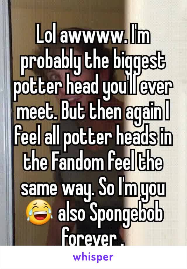 Lol awwww. I'm probably the biggest potter head you'll ever meet. But then again I feel all potter heads in the Fandom feel the same way. So I'm you😂 also Spongebob forever .