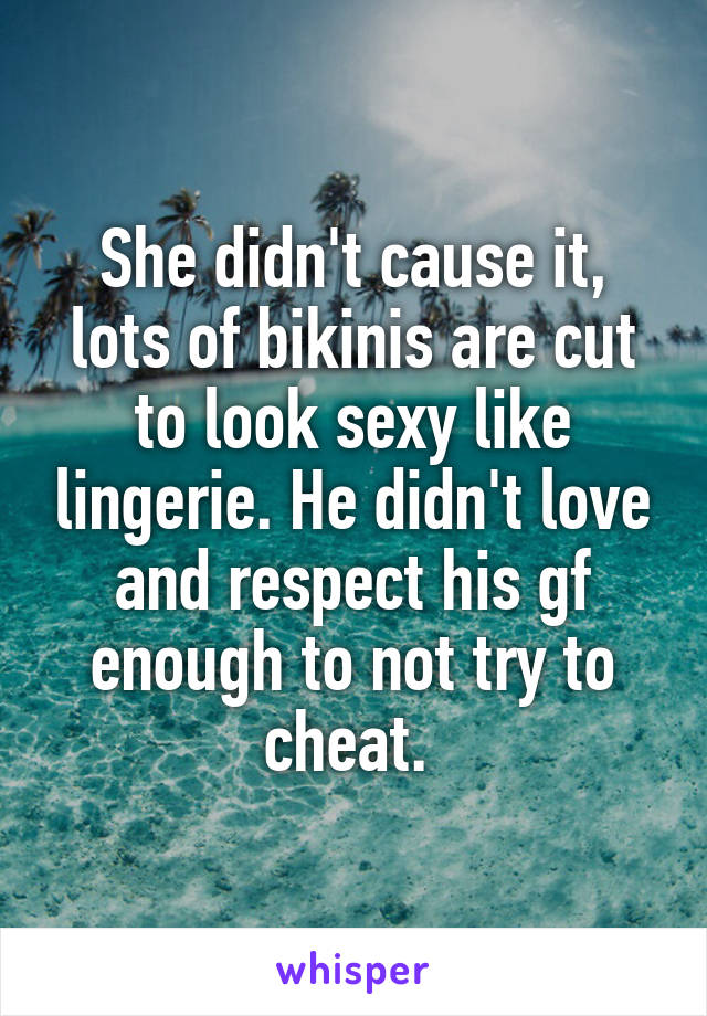 She didn't cause it, lots of bikinis are cut to look sexy like lingerie. He didn't love and respect his gf enough to not try to cheat. 