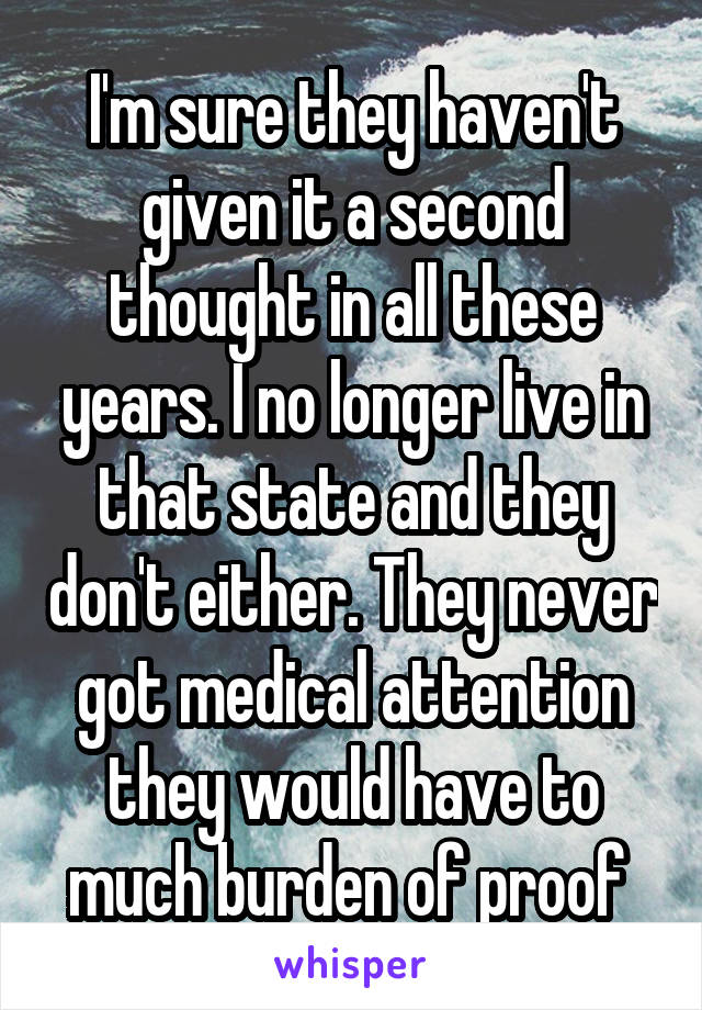 I'm sure they haven't given it a second thought in all these years. I no longer live in that state and they don't either. They never got medical attention they would have to much burden of proof 