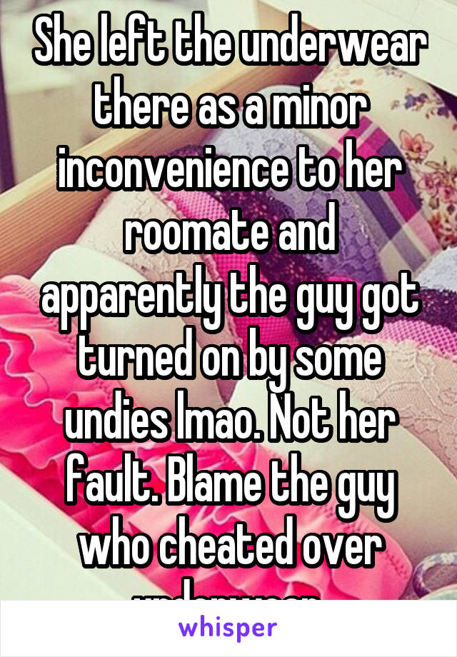 She left the underwear there as a minor inconvenience to her roomate and apparently the guy got turned on by some undies lmao. Not her fault. Blame the guy who cheated over underwear.