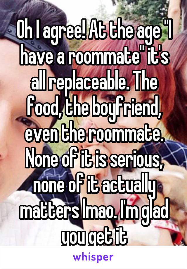 Oh I agree! At the age "I have a roommate" it's all replaceable. The food, the boyfriend, even the roommate. None of it is serious, none of it actually matters lmao. I'm glad you get it