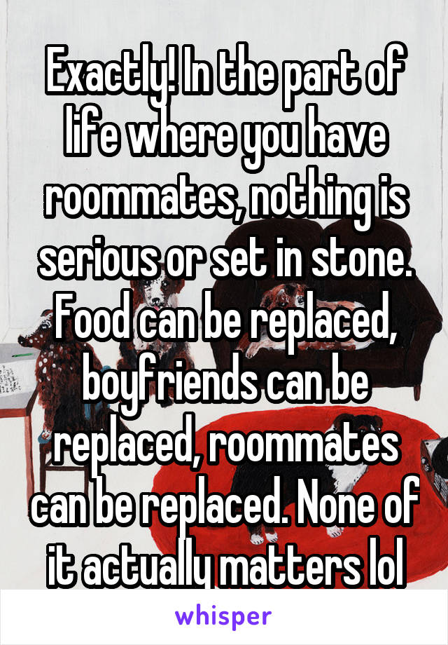 Exactly! In the part of life where you have roommates, nothing is serious or set in stone. Food can be replaced, boyfriends can be replaced, roommates can be replaced. None of it actually matters lol