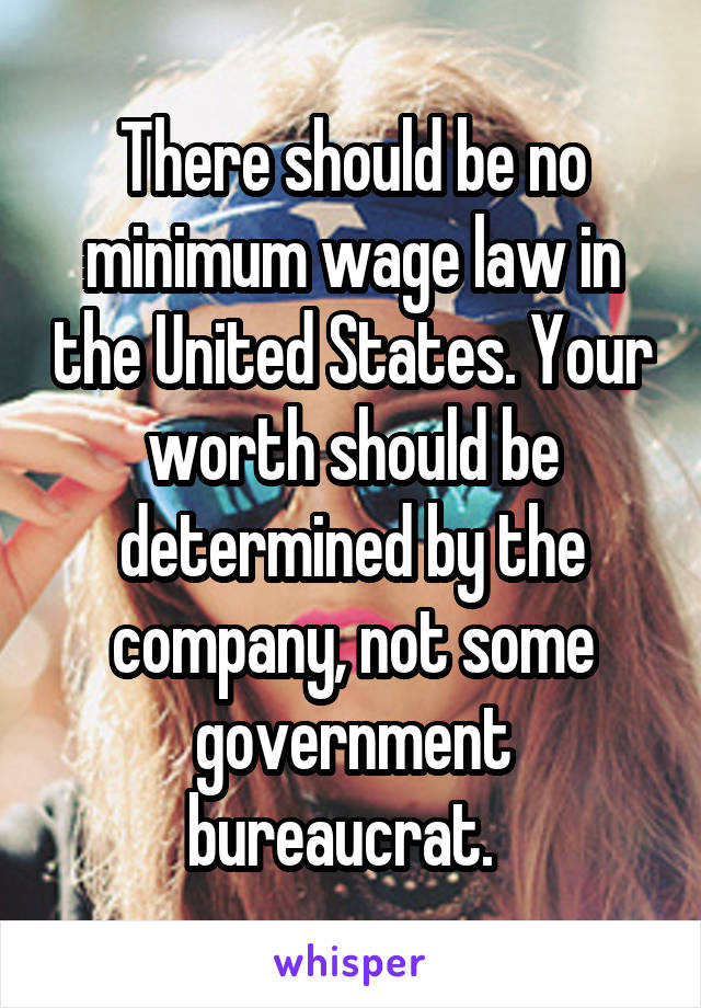 There should be no minimum wage law in the United States. Your worth should be determined by the company, not some government bureaucrat.  