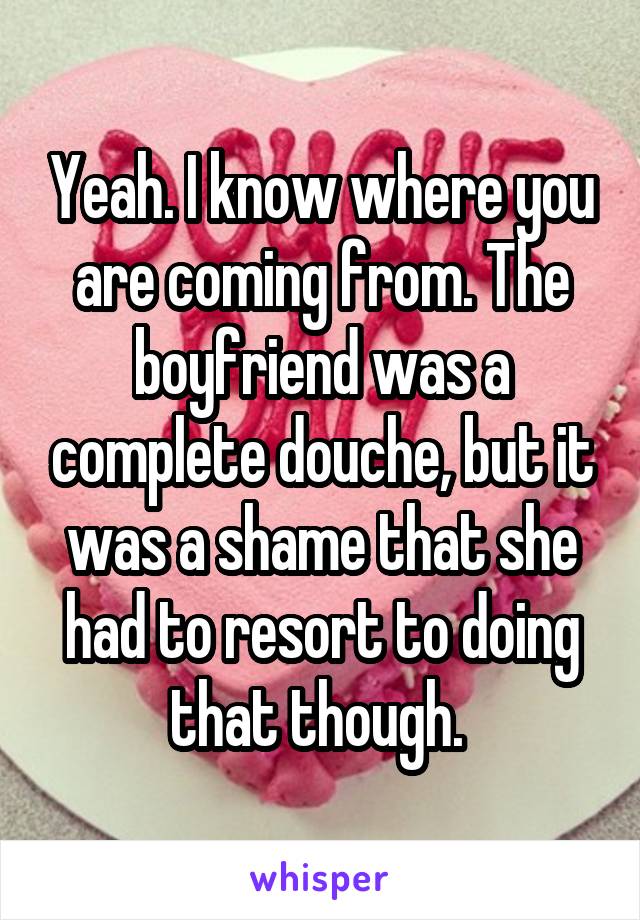 Yeah. I know where you are coming from. The boyfriend was a complete douche, but it was a shame that she had to resort to doing that though. 