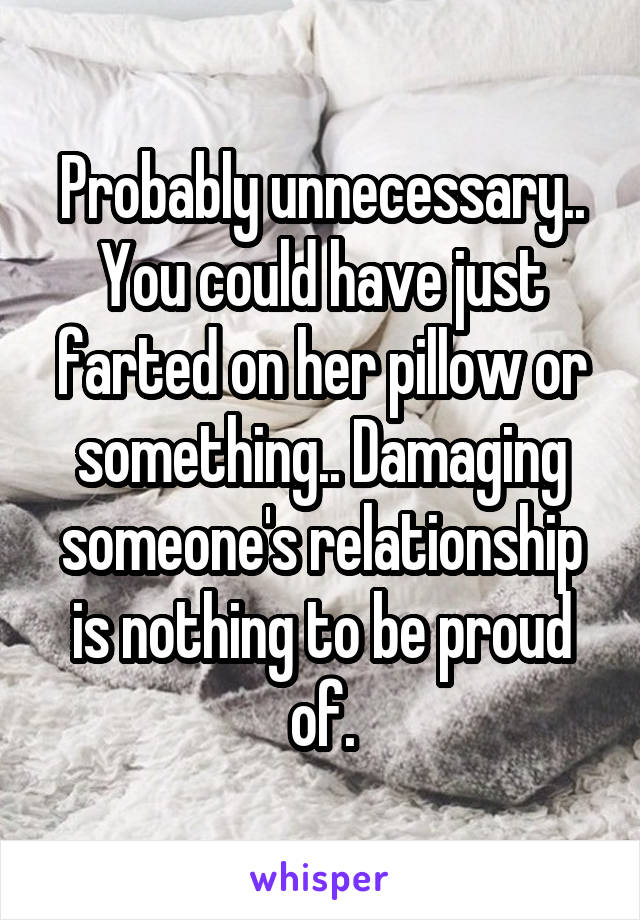 Probably unnecessary.. You could have just farted on her pillow or something.. Damaging someone's relationship is nothing to be proud of.