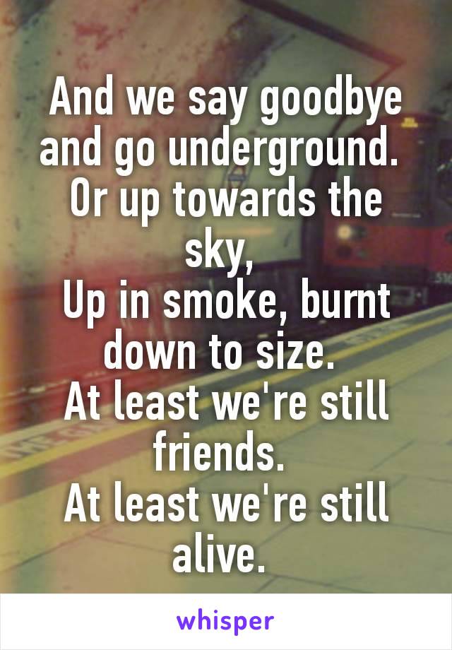 And we say goodbye and go underground. 
Or up towards the sky, 
Up in smoke, burnt down to size. 
At least we're still friends. 
At least we're still alive. 