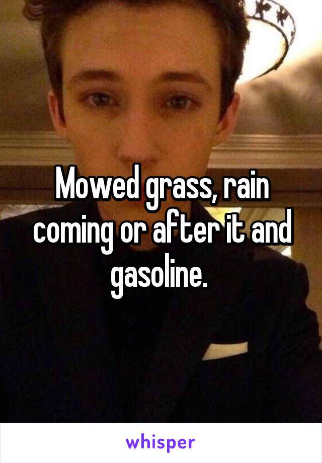 Mowed grass, rain coming or after it and gasoline. 