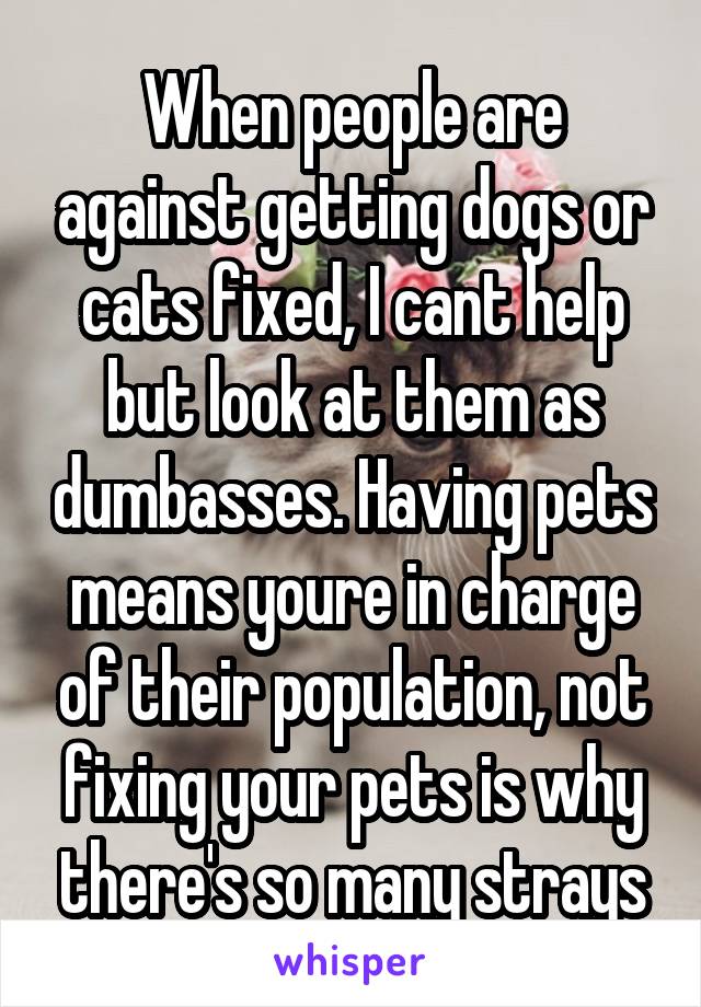 When people are against getting dogs or cats fixed, I cant help but look at them as dumbasses. Having pets means youre in charge of their population, not fixing your pets is why there's so many strays