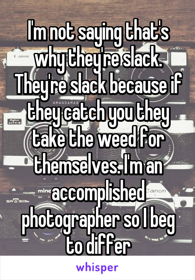 I'm not saying that's why they're slack. They're slack because if they catch you they take the weed for themselves. I'm an accomplished photographer so I beg to differ