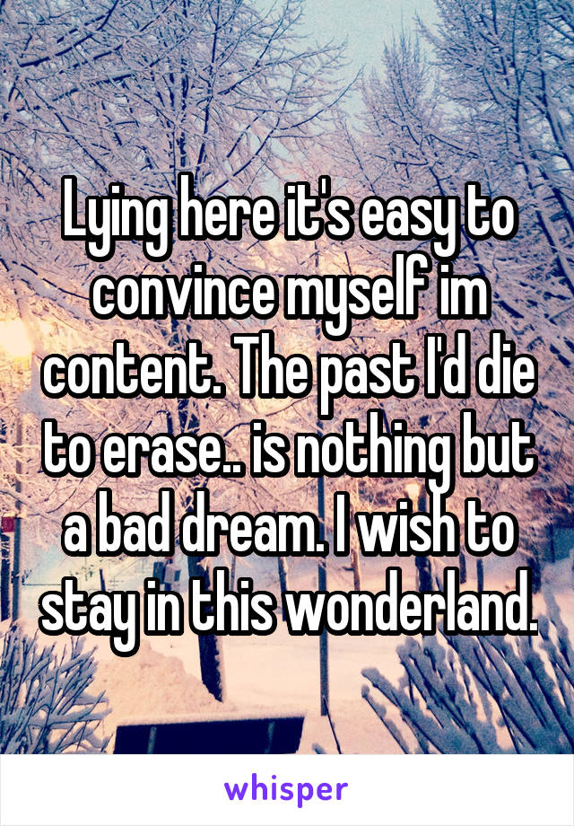 Lying here it's easy to convince myself im content. The past I'd die to erase.. is nothing but a bad dream. I wish to stay in this wonderland.