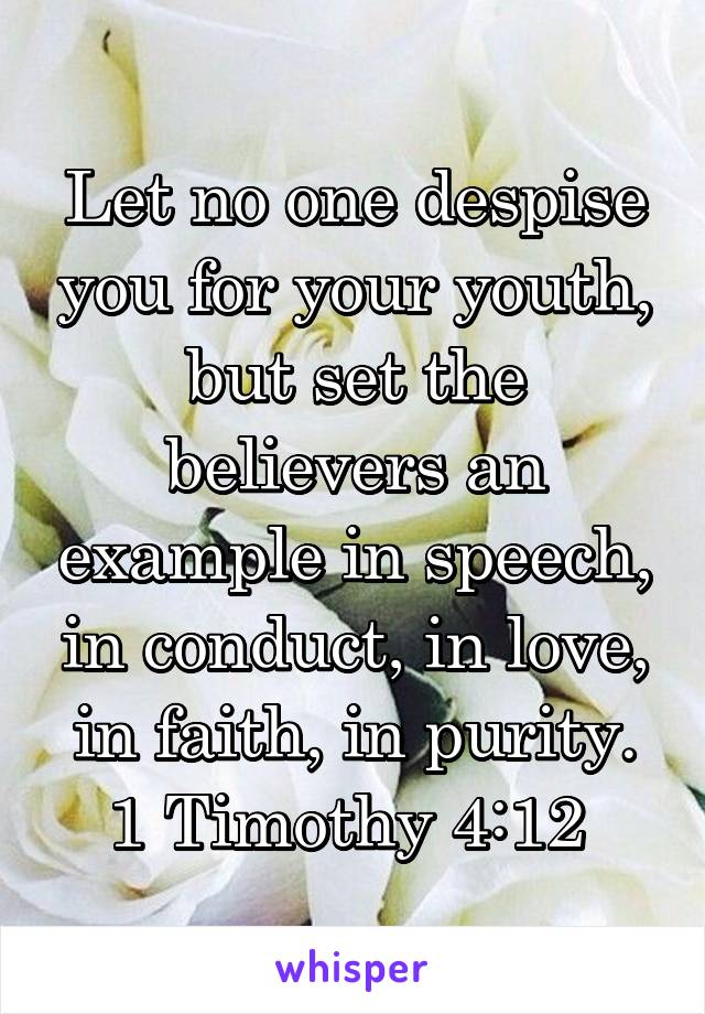 Let no one despise you for your youth, but set the believers an example in speech, in conduct, in love, in faith, in purity.
1 Timothy 4:12 