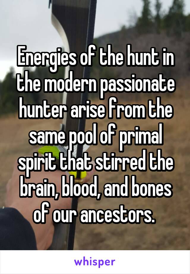 Energies of the hunt in the modern passionate hunter arise from the same pool of primal spirit that stirred the brain, blood, and bones of our ancestors. 