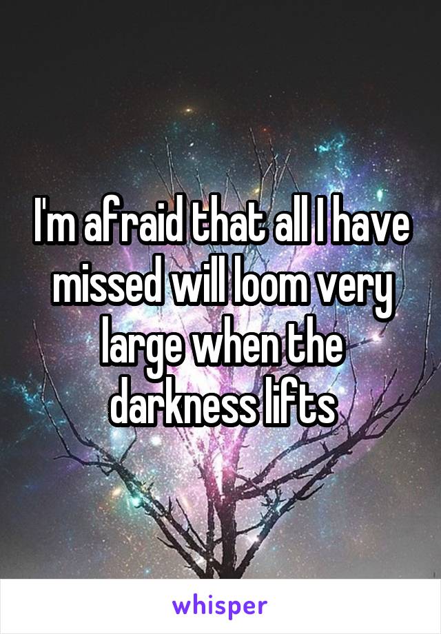 I'm afraid that all I have missed will loom very large when the darkness lifts