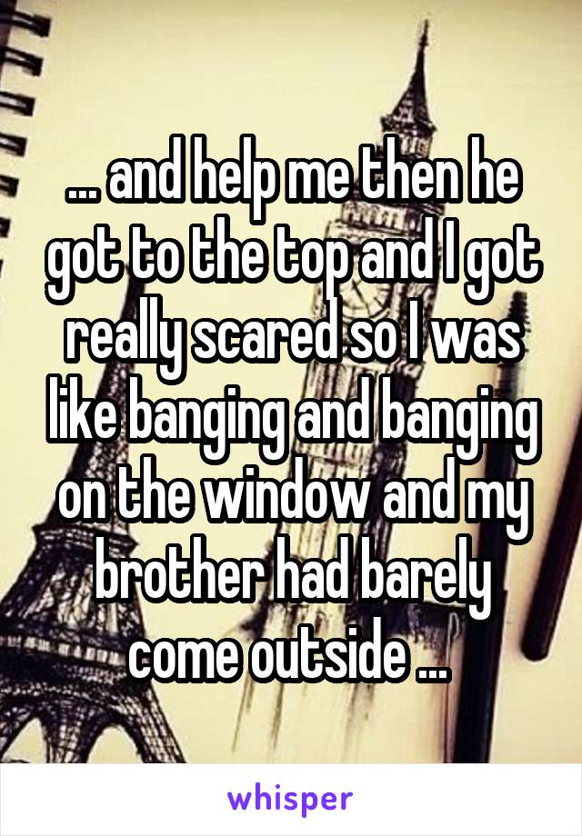 ... and help me then he got to the top and I got really scared so I was like banging and banging on the window and my brother had barely come outside ... 