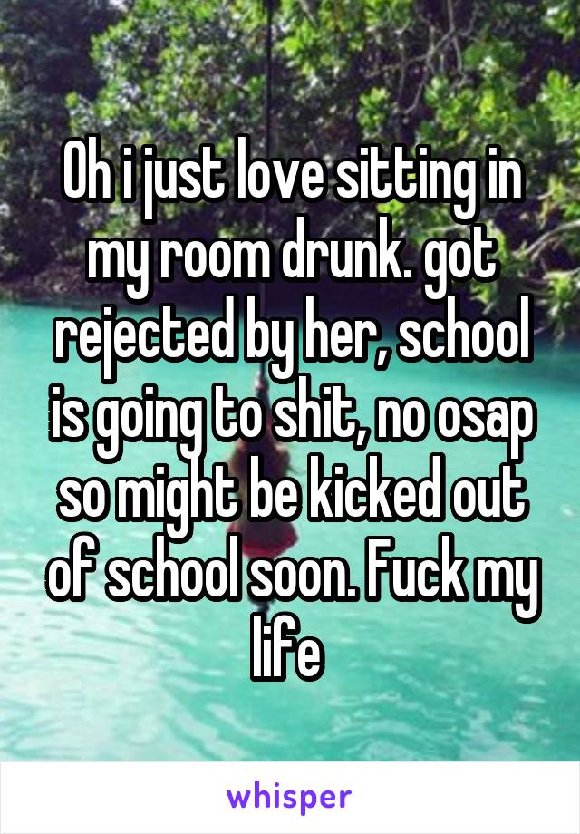 Oh i just love sitting in my room drunk. got rejected by her, school is going to shit, no osap so might be kicked out of school soon. Fuck my life 