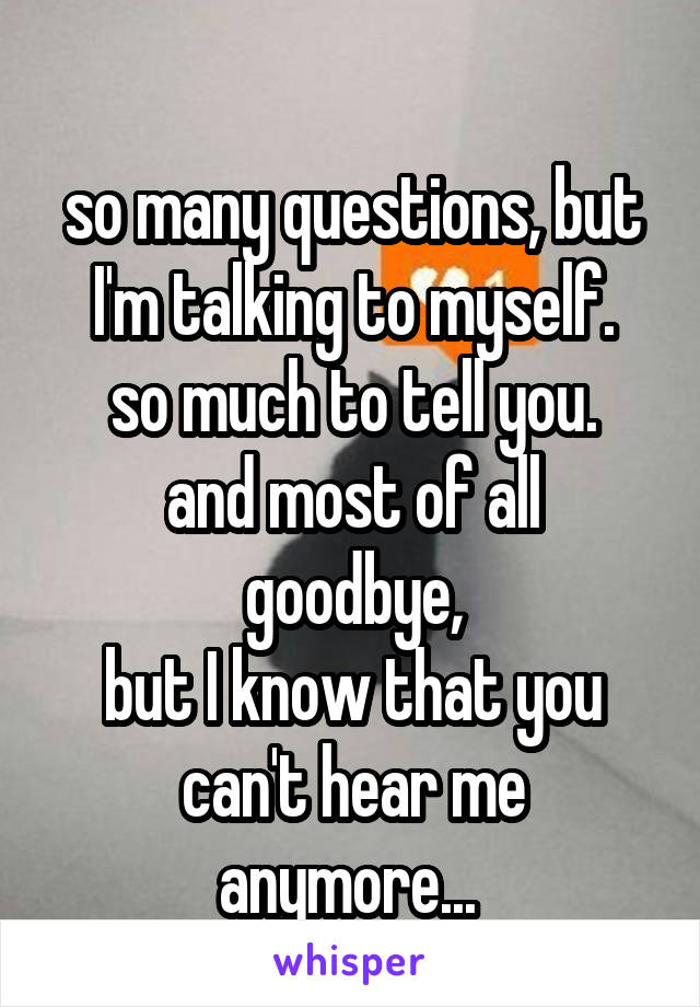 
so many questions, but I'm talking to myself.
so much to tell you.
and most of all goodbye,
but I know that you can't hear me anymore... 