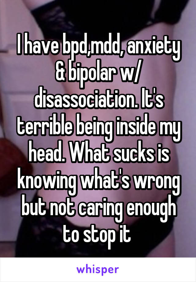 I have bpd,mdd, anxiety & bipolar w/ disassociation. It's terrible being inside my head. What sucks is knowing what's wrong but not caring enough to stop it 