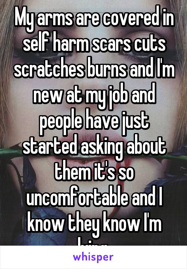 My arms are covered in self harm scars cuts scratches burns and I'm new at my job and people have just started asking about them it's so uncomfortable and I know they know I'm lying 