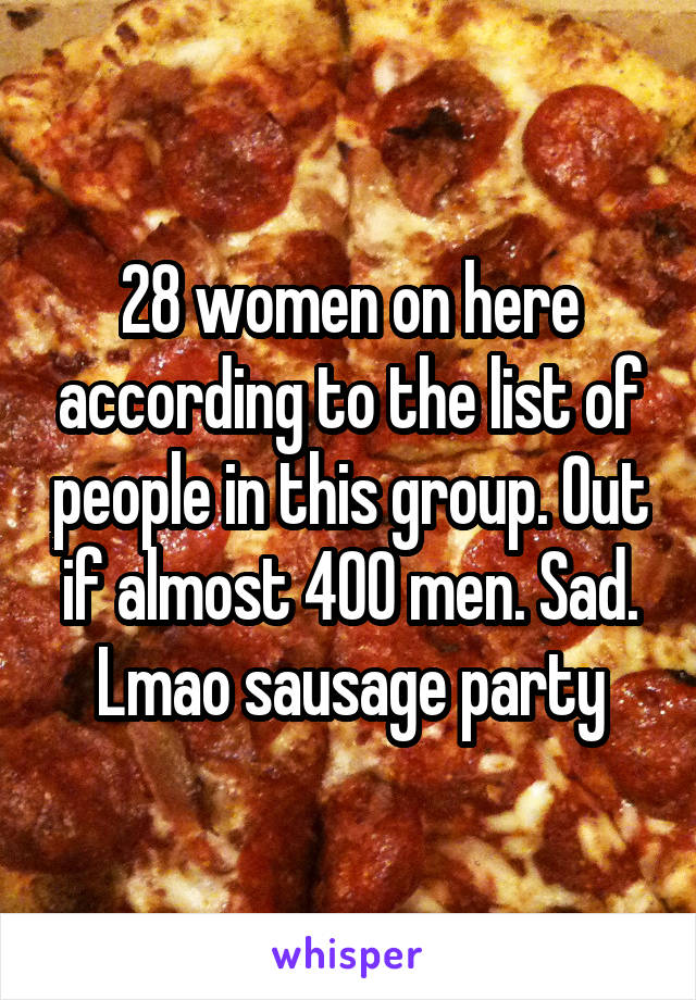 28 women on here according to the list of people in this group. Out if almost 400 men. Sad. Lmao sausage party