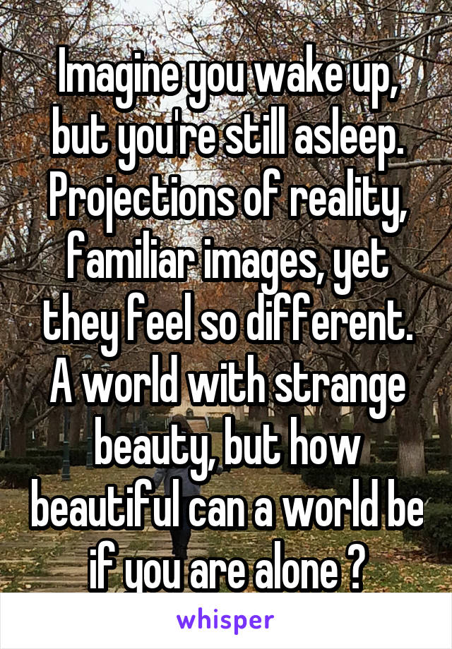 Imagine you wake up, but you're still asleep. Projections of reality, familiar images, yet they feel so different. A world with strange beauty, but how beautiful can a world be if you are alone ?