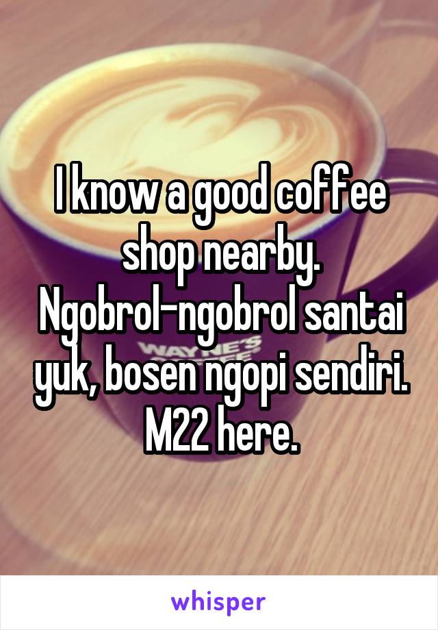 I know a good coffee shop nearby. Ngobrol-ngobrol santai yuk, bosen ngopi sendiri. M22 here.