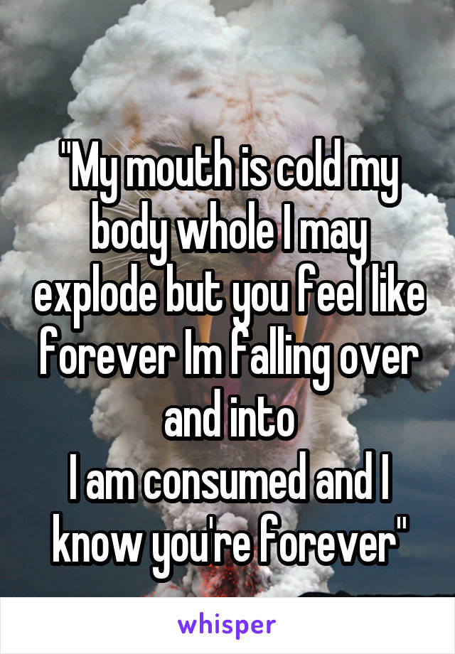 
"My mouth is cold my body whole I may explode but you feel like forever Im falling over and into
I am consumed and I know you're forever"