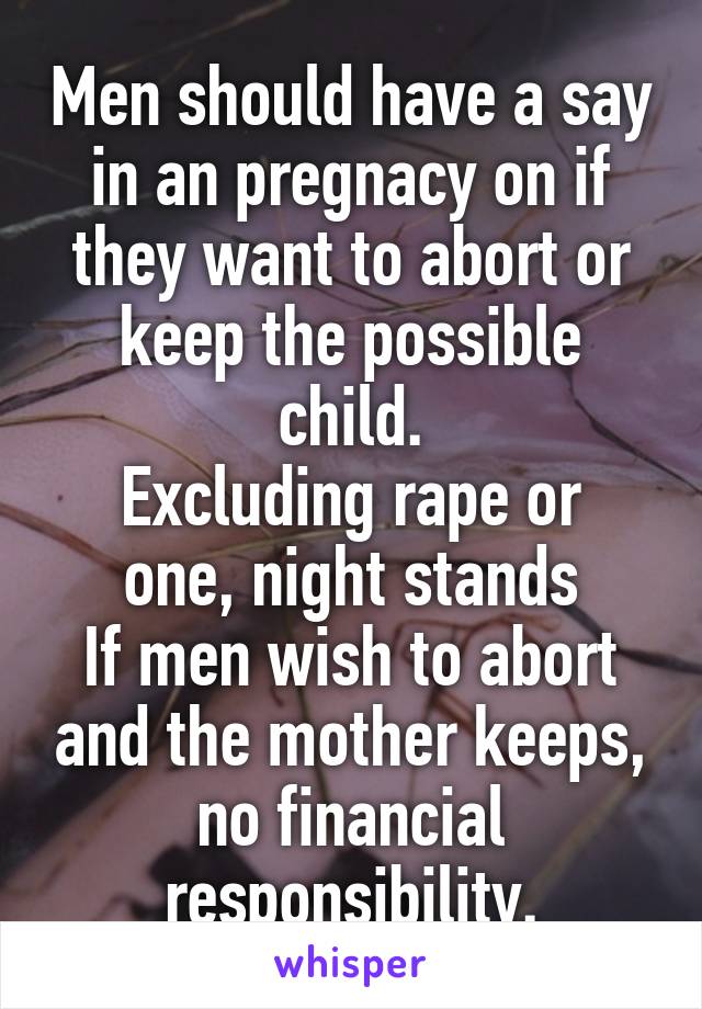 Men should have a say in an pregnacy on if they want to abort or keep the possible child.
Excluding rape or one, night stands
If men wish to abort and the mother keeps, no financial responsibility.