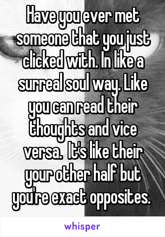 Have you ever met someone that you just clicked with. In like a surreal soul way. Like you can read their thoughts and vice versa.  It's like their your other half but you're exact opposites.  