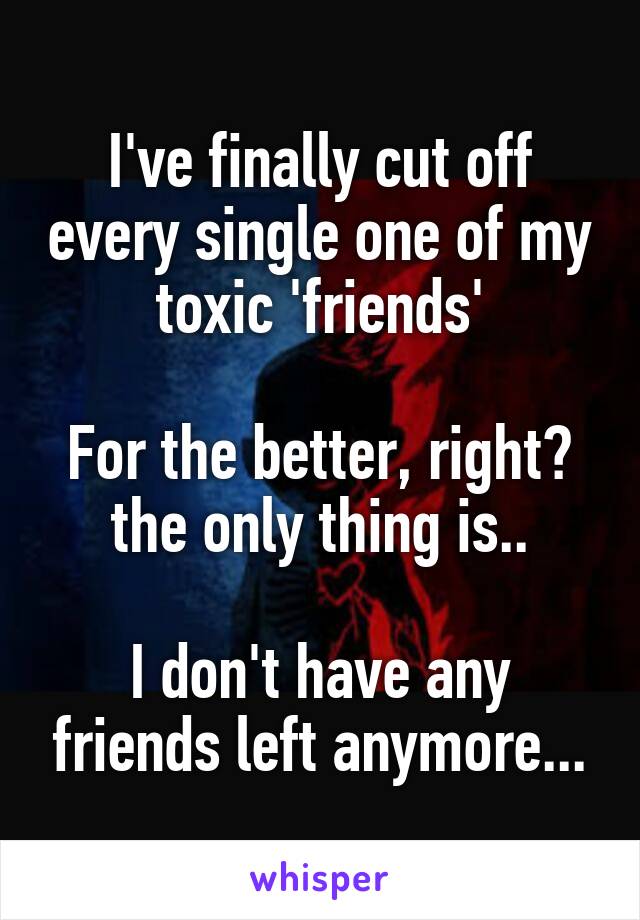 I've finally cut off every single one of my toxic 'friends'

For the better, right? the only thing is..

I don't have any friends left anymore...