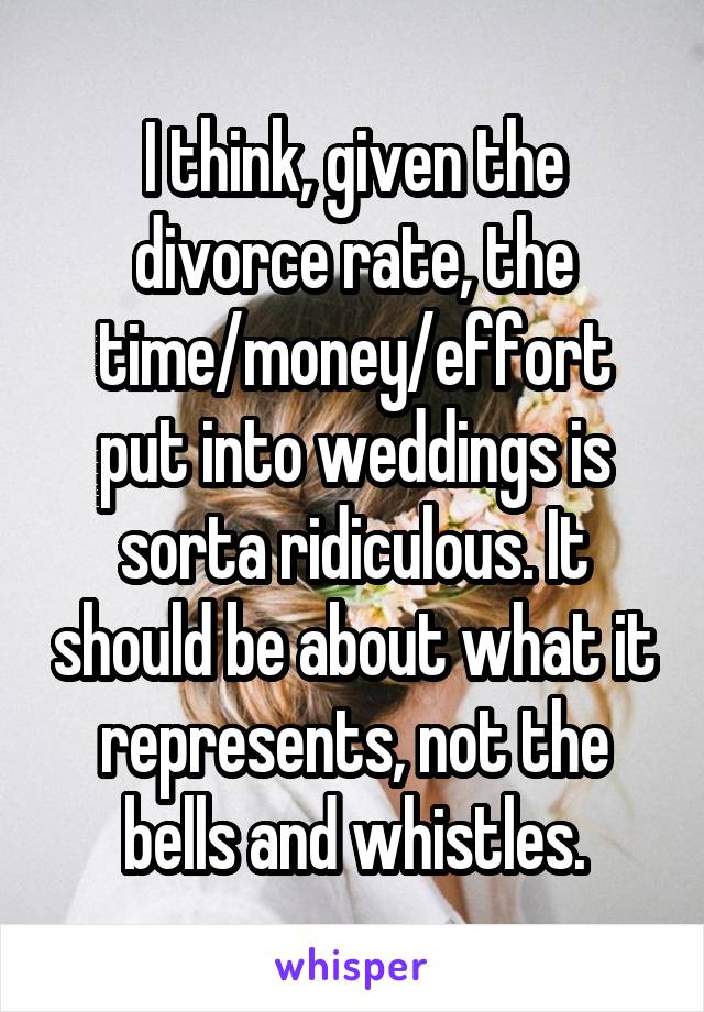 I think, given the divorce rate, the time/money/effort put into weddings is sorta ridiculous. It should be about what it represents, not the bells and whistles.