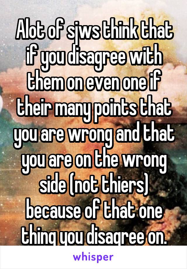 Alot of sjws think that if you disagree with them on even one if their many points that you are wrong and that you are on the wrong side (not thiers) because of that one thing you disagree on.