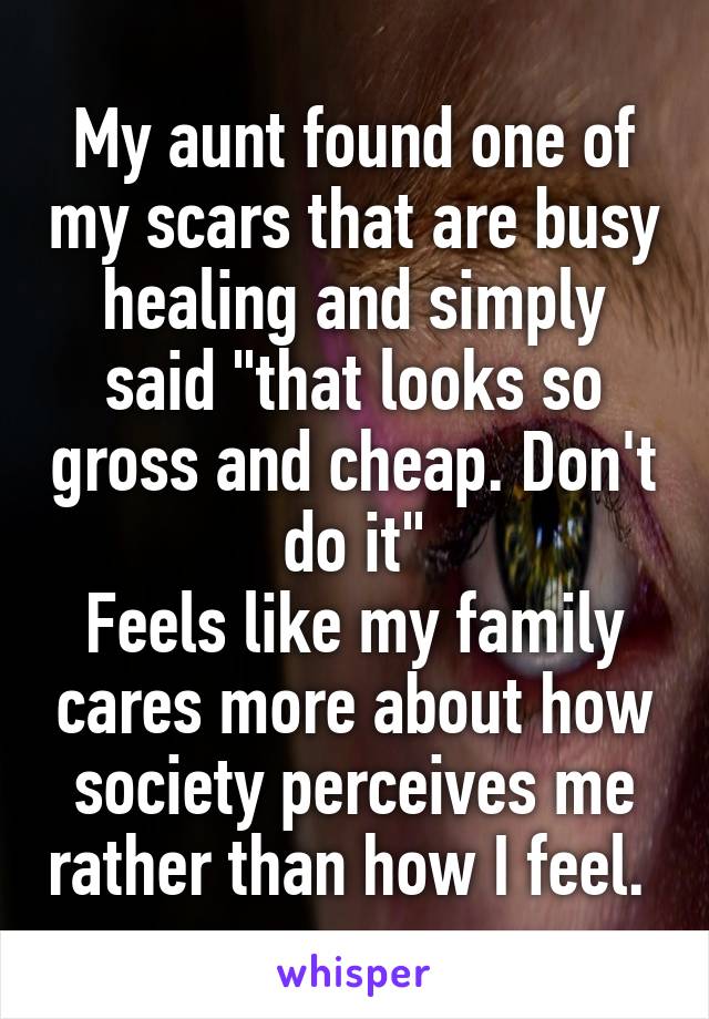 My aunt found one of my scars that are busy healing and simply said "that looks so gross and cheap. Don't do it"
Feels like my family cares more about how society perceives me rather than how I feel. 