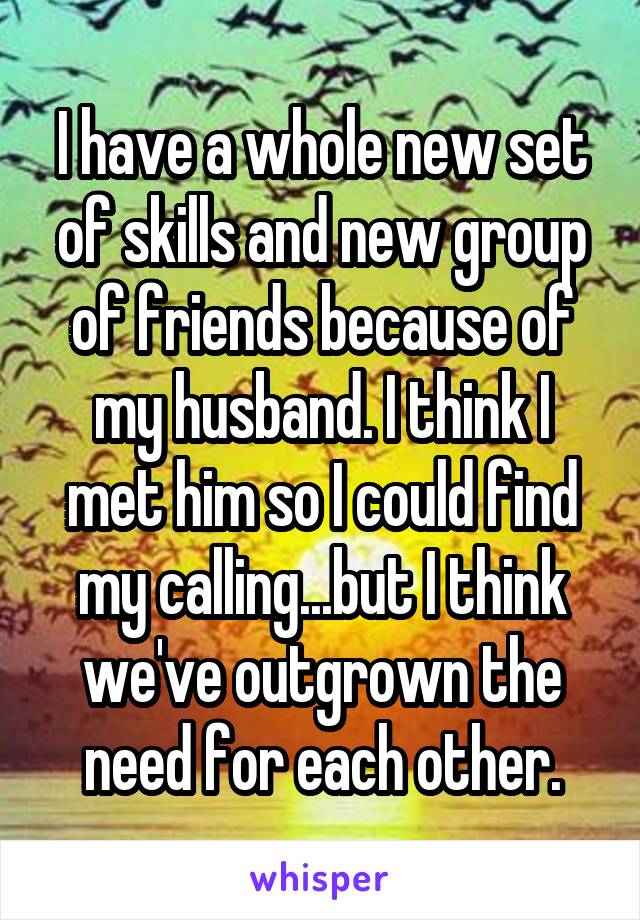 I have a whole new set of skills and new group of friends because of my husband. I think I met him so I could find my calling...but I think we've outgrown the need for each other.