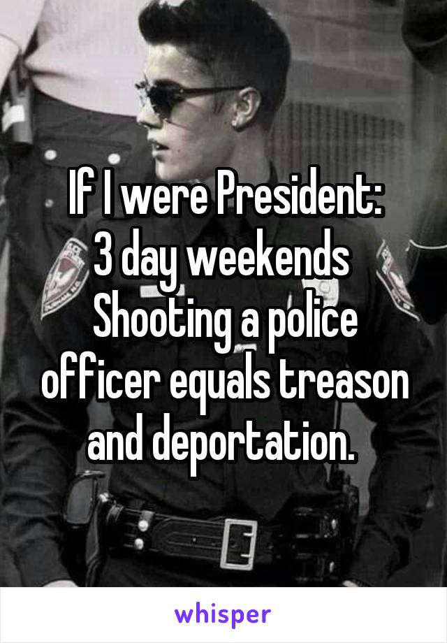 If I were President:
3 day weekends 
Shooting a police officer equals treason and deportation. 