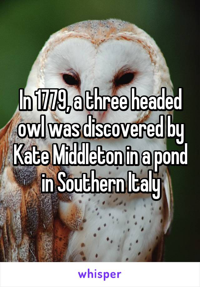 In 1779, a three headed owl was discovered by Kate Middleton in a pond in Southern Italy