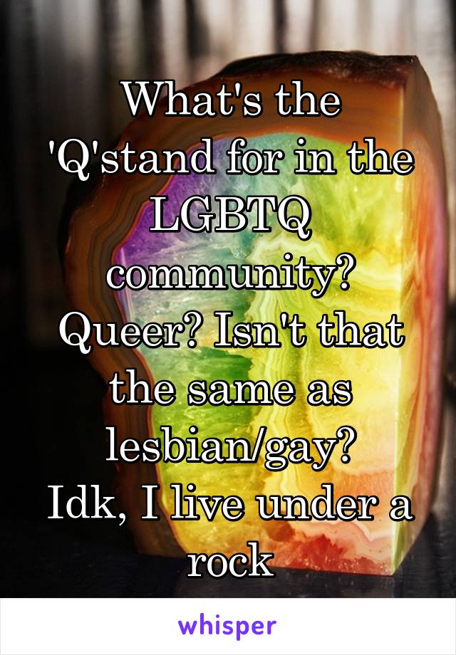 What's the 'Q'stand for in the LGBTQ community? Queer? Isn't that the same as lesbian/gay?
Idk, I live under a rock