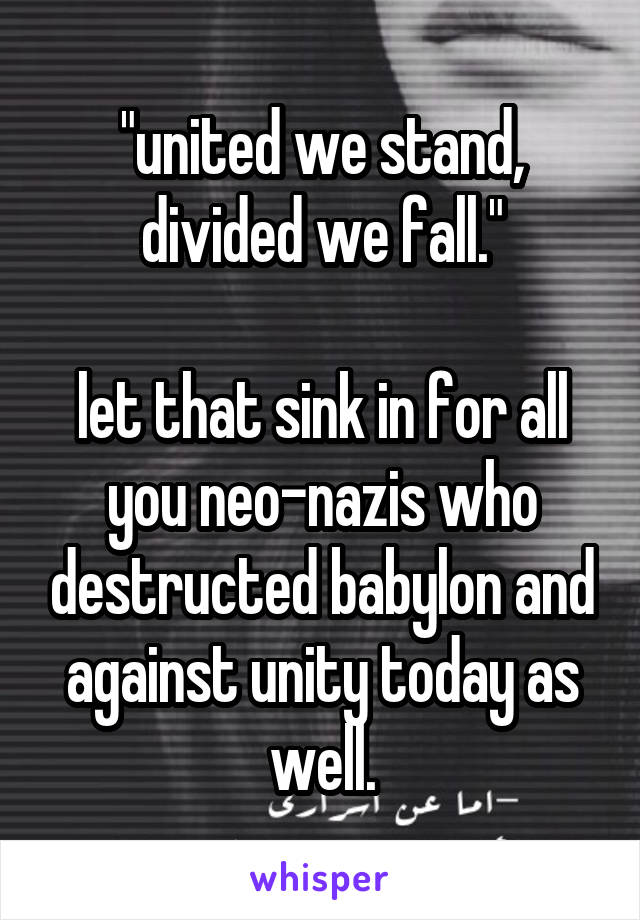 "united we stand,
divided we fall."

let that sink in for all you neo-nazis who destructed babylon and against unity today as well.