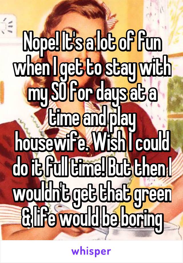 Nope! It's a lot of fun when I get to stay with my SO for days at a time and play housewife. Wish I could do it full time! But then I wouldn't get that green & life would be boring