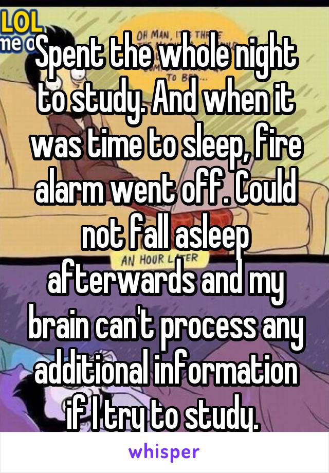 Spent the whole night to study. And when it was time to sleep, fire alarm went off. Could not fall asleep afterwards and my brain can't process any additional information if I try to study. 