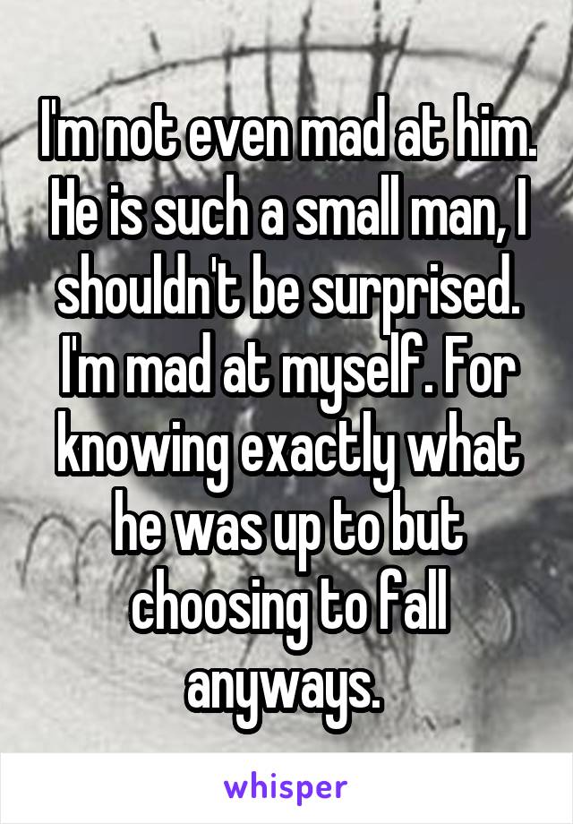 I'm not even mad at him. He is such a small man, I shouldn't be surprised. I'm mad at myself. For knowing exactly what he was up to but choosing to fall anyways. 