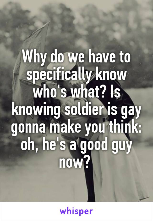 Why do we have to specifically know who's what? Is knowing soldier is gay gonna make you think: oh, he's a good guy now? 