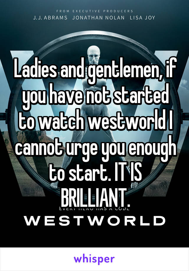 Ladies and gentlemen, if you have not started to watch westworld I cannot urge you enough to start. IT IS BRILLIANT.