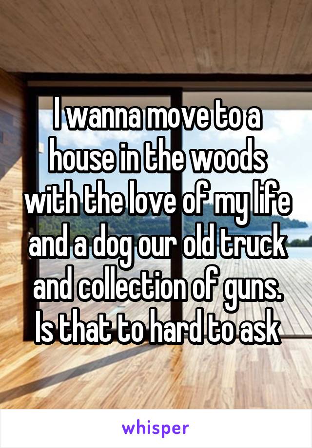 I wanna move to a house in the woods with the love of my life and a dog our old truck and collection of guns. Is that to hard to ask