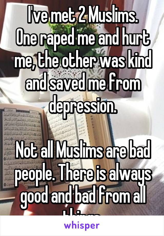 I've met 2 Muslims.
One raped me and hurt me, the other was kind and saved me from depression.

Not all Muslims are bad people. There is always good and bad from all things.