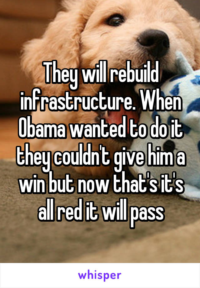 They will rebuild infrastructure. When Obama wanted to do it they couldn't give him a win but now that's it's all red it will pass