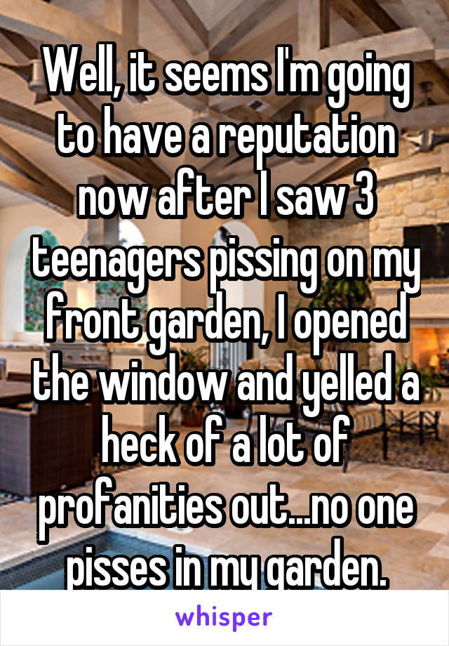 Well, it seems I'm going to have a reputation now after I saw 3 teenagers pissing on my front garden, I opened the window and yelled a heck of a lot of profanities out...no one pisses in my garden.