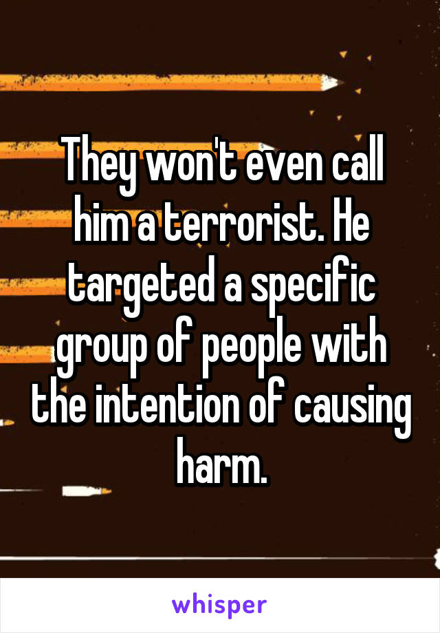 They won't even call him a terrorist. He targeted a specific group of people with the intention of causing harm.