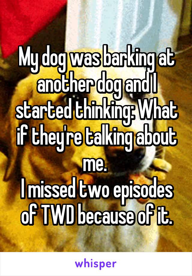 My dog was barking at another dog and I started thinking: What if they're talking about me. 
I missed two episodes of TWD because of it.